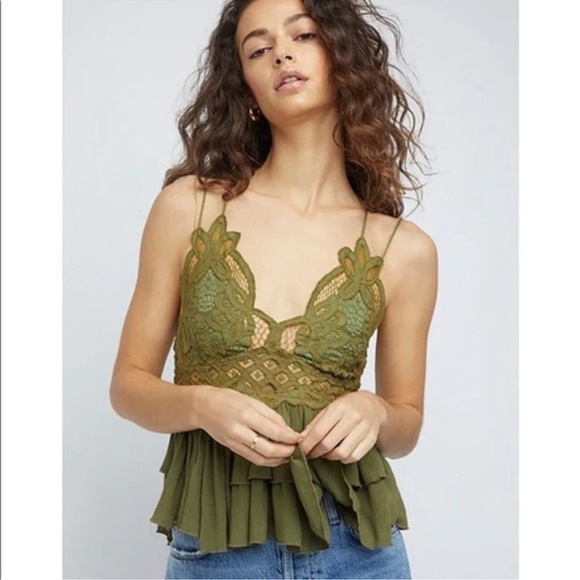NWT Free People Women’s Adella Lace Ruffled Cami Top Olive Green Size Medium - Picture 13 of 16